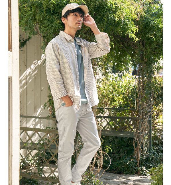 ikka「【吸水速乾】7分袖イージーケアリネンストライプシャツ」|シャツ・ブラウス|