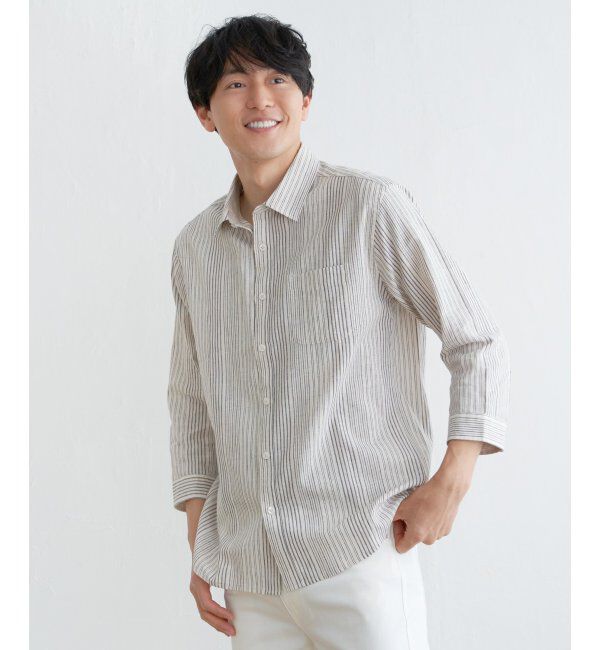 ikka「【吸水速乾】7分袖イージーケアリネンストライプシャツ」|シャツ・ブラウス|