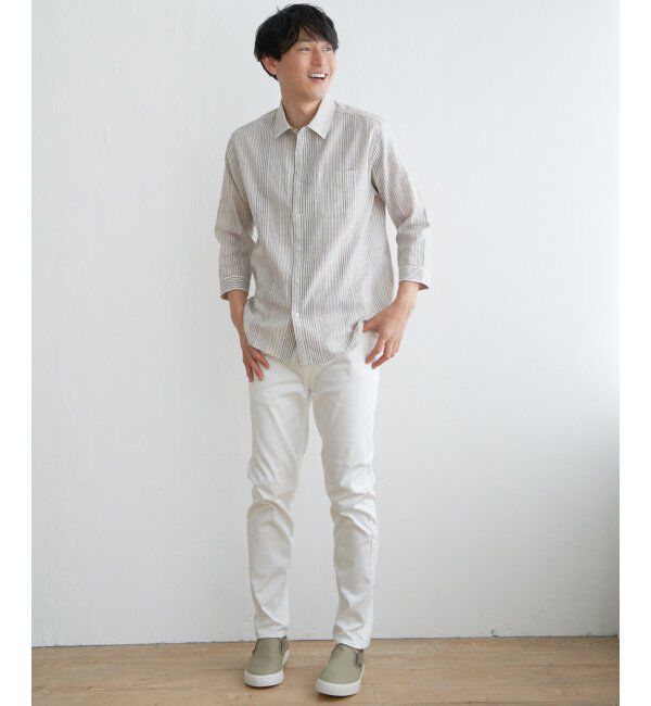 ikka「【吸水速乾】7分袖イージーケアリネンストライプシャツ」|シャツ・ブラウス|