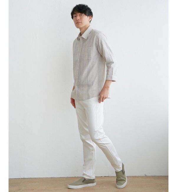 ikka「【吸水速乾】7分袖イージーケアリネンストライプシャツ」|シャツ・ブラウス|