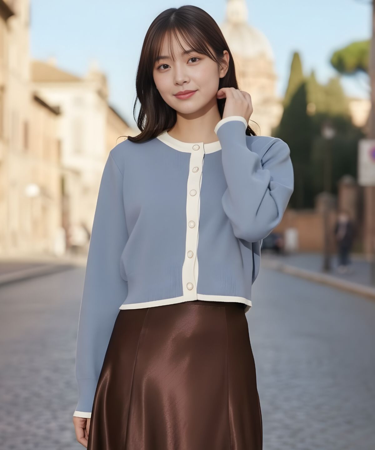 アンドクチュール「配色カーディガン」|カーディガン|ブルー