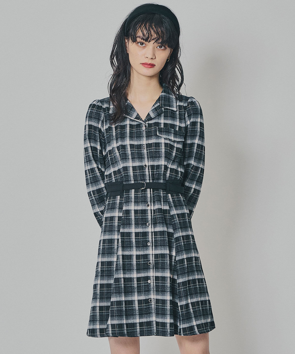 REDYAZEL「ウエストベルトチェックミニワンピース」|ワンピース|黒系チェック