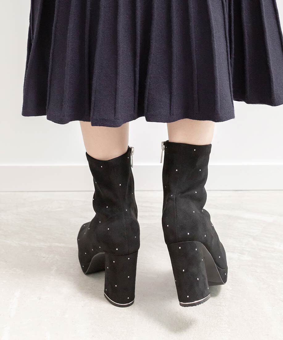  「ストーンデザインストレッチショートブーツ」|ショートブーツ|
