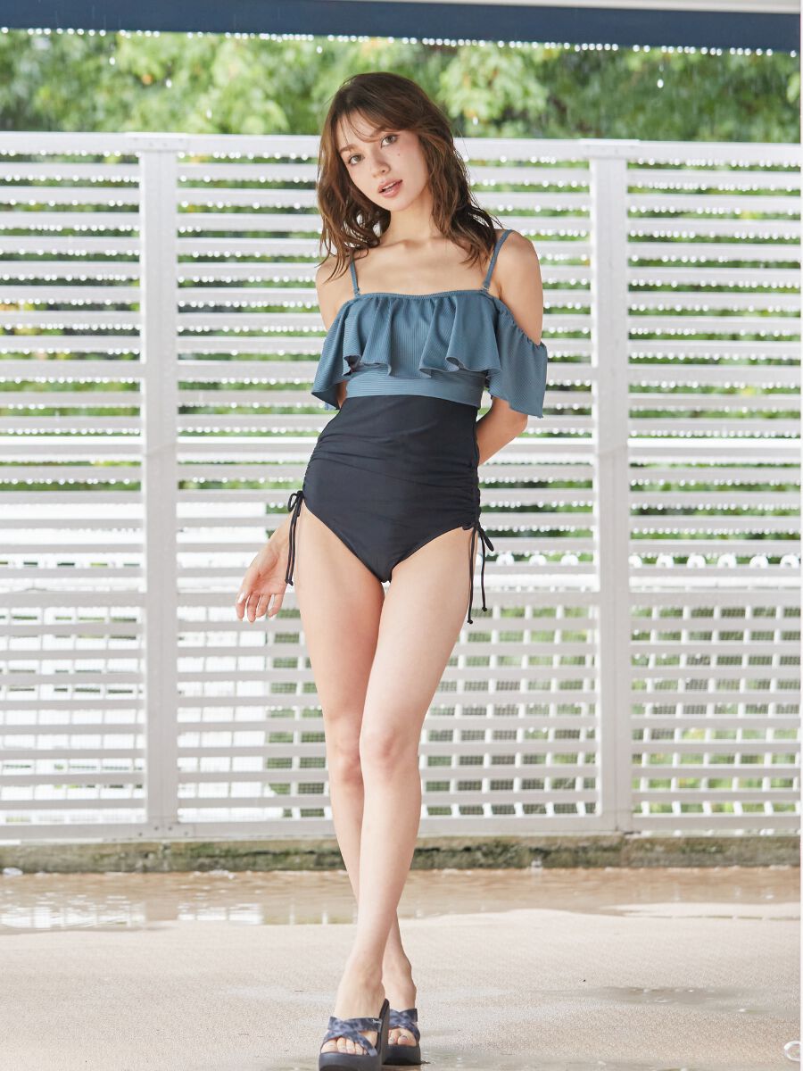 PEAK&PINE「無地オフショルダーワンピ見えビキニ」|ビキニ|