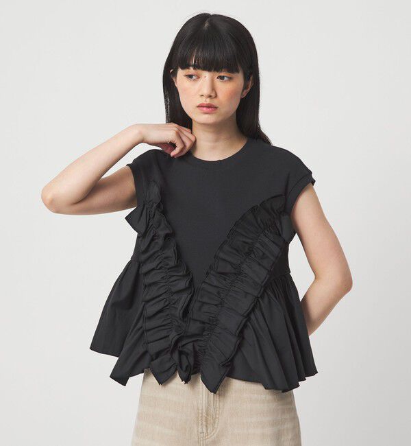 EMMEL REFINES「＜EMMEL REFINES＞EM テレコフリル ギャザー プルオーバー」|Tシャツ・カットソー|BLACK