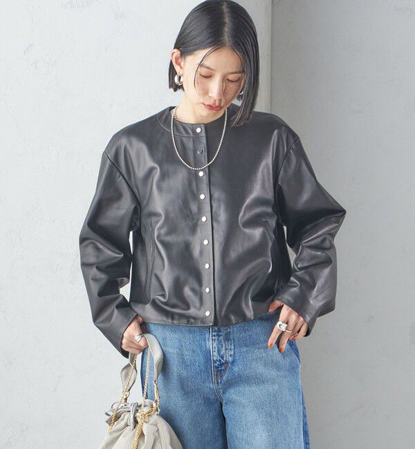 SHIPS for women「SHEEP レザー ノーカラー ブルゾン」|ノーカラージャケット|