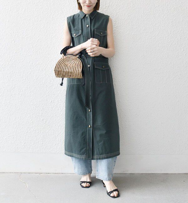 SHIPS any「SHIPS any:〈洗濯機可能〉オックス ステッチ ノースリーブ シャツ ワンピース」|ワンピース|オリーブ