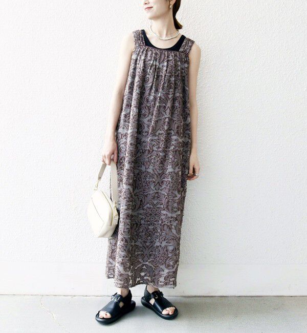 SHIPS any「SHIPS any:〈手洗い可能〉メッシュ ジャカード ギャザー Iライン ワンピース」|ワンピース|ブラウン