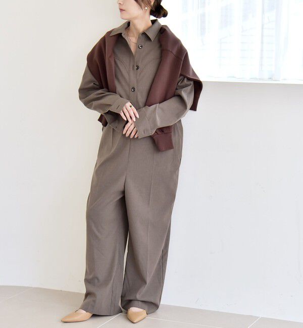 quaranciel「quaranciel:〈洗濯機可能〉レギュラーカラー ジャンプスーツ」|オールインワン|ライトブラウン