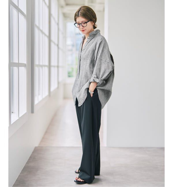 Spick and Span「《ゆったりサイズ》追加 80リネンカシュクール ビッグシャツ」|シャツ・ブラウス|