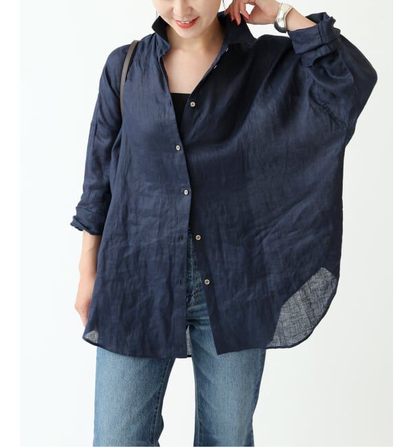 Spick and Span「《ゆったりサイズ》追加 80リネンカシュクール ビッグシャツ」|シャツ・ブラウス|ネイビー