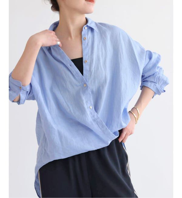 Spick and Span「《ゆったりサイズ》追加 80リネンカシュクール ビッグシャツ」|シャツ・ブラウス|サックスブルー