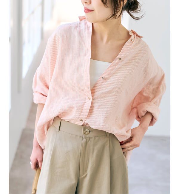 Spick and Span「《ゆったりサイズ》追加 80リネンカシュクール ビッグシャツ」|シャツ・ブラウス|ピンクベース