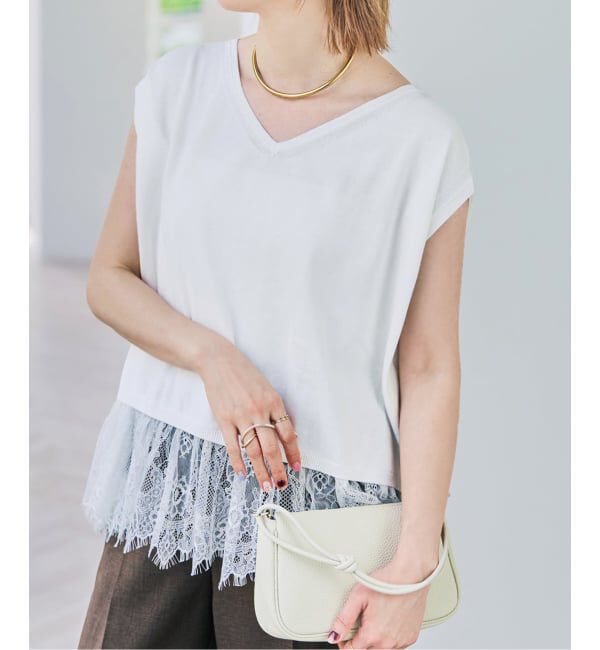 Spick and Span「《予約》レースドッキング2WAYフレンチスリーブニットプルオーバー」|ニット・セーター|ホワイト