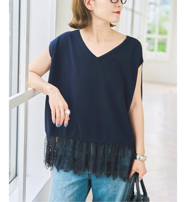 Spick and Span「《予約》レースドッキング2WAYフレンチスリーブニットプルオーバー」|ニット・セーター|