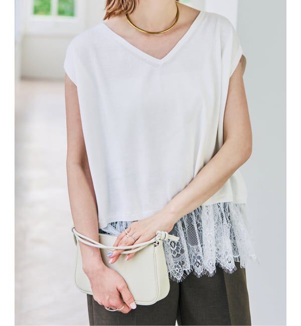 Spick and Span「《予約》レースドッキング2WAYフレンチスリーブニットプルオーバー」|ニット・セーター|