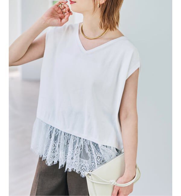 Spick and Span「《予約》レースドッキング2WAYフレンチスリーブニットプルオーバー」|ニット・セーター|