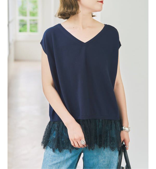 Spick and Span「《予約》レースドッキング2WAYフレンチスリーブニットプルオーバー」|ニット・セーター|