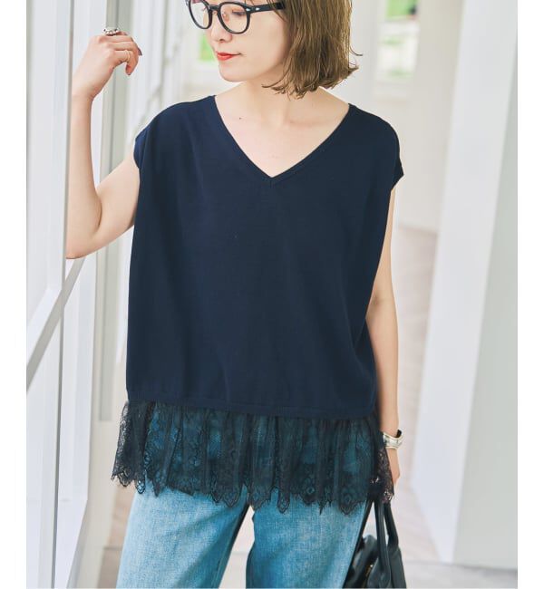 Spick and Span「《予約》レースドッキング2WAYフレンチスリーブニットプルオーバー」|ニット・セーター|ネイビー