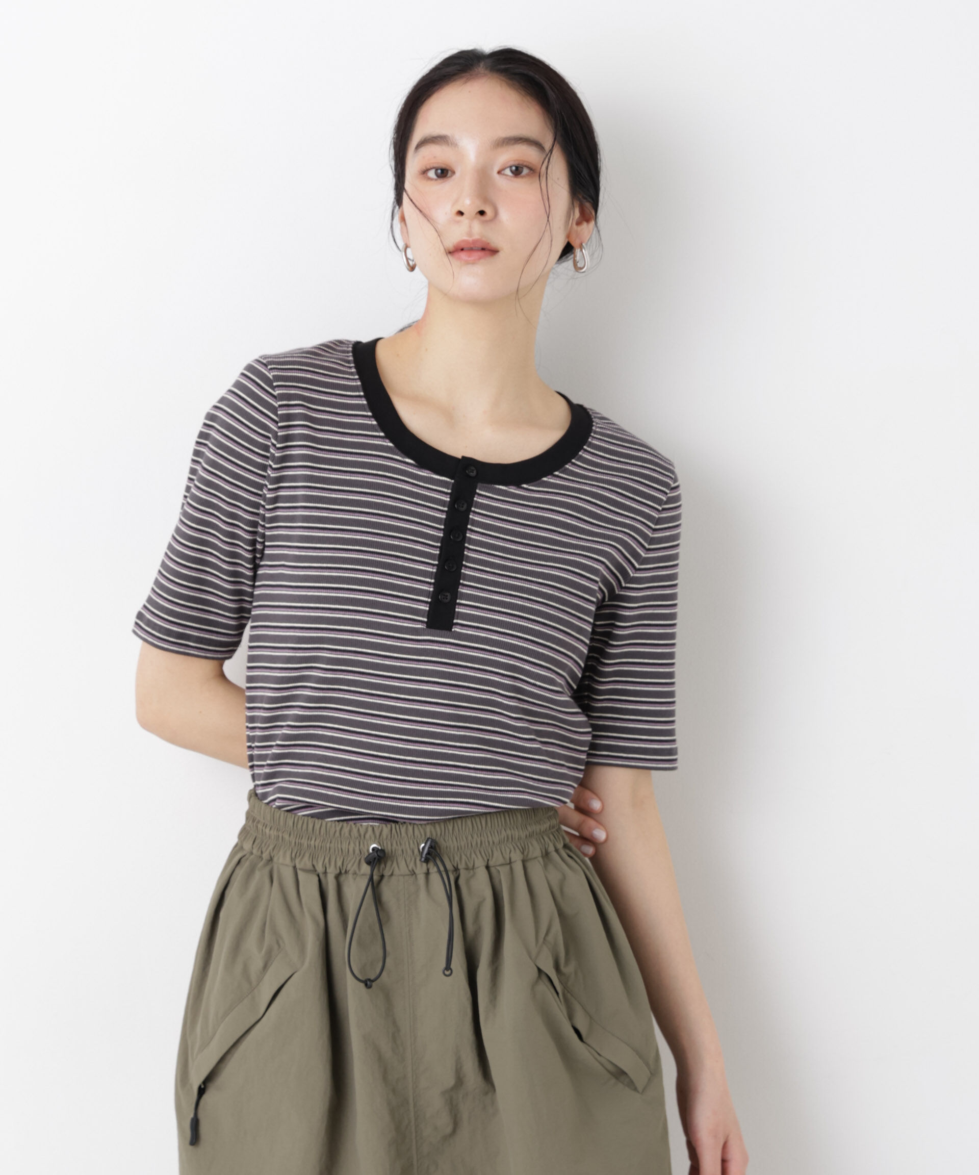 nano･universe「ボーダーテレコヘンリーネックTシャツ」|Tシャツ・カットソー|グレー