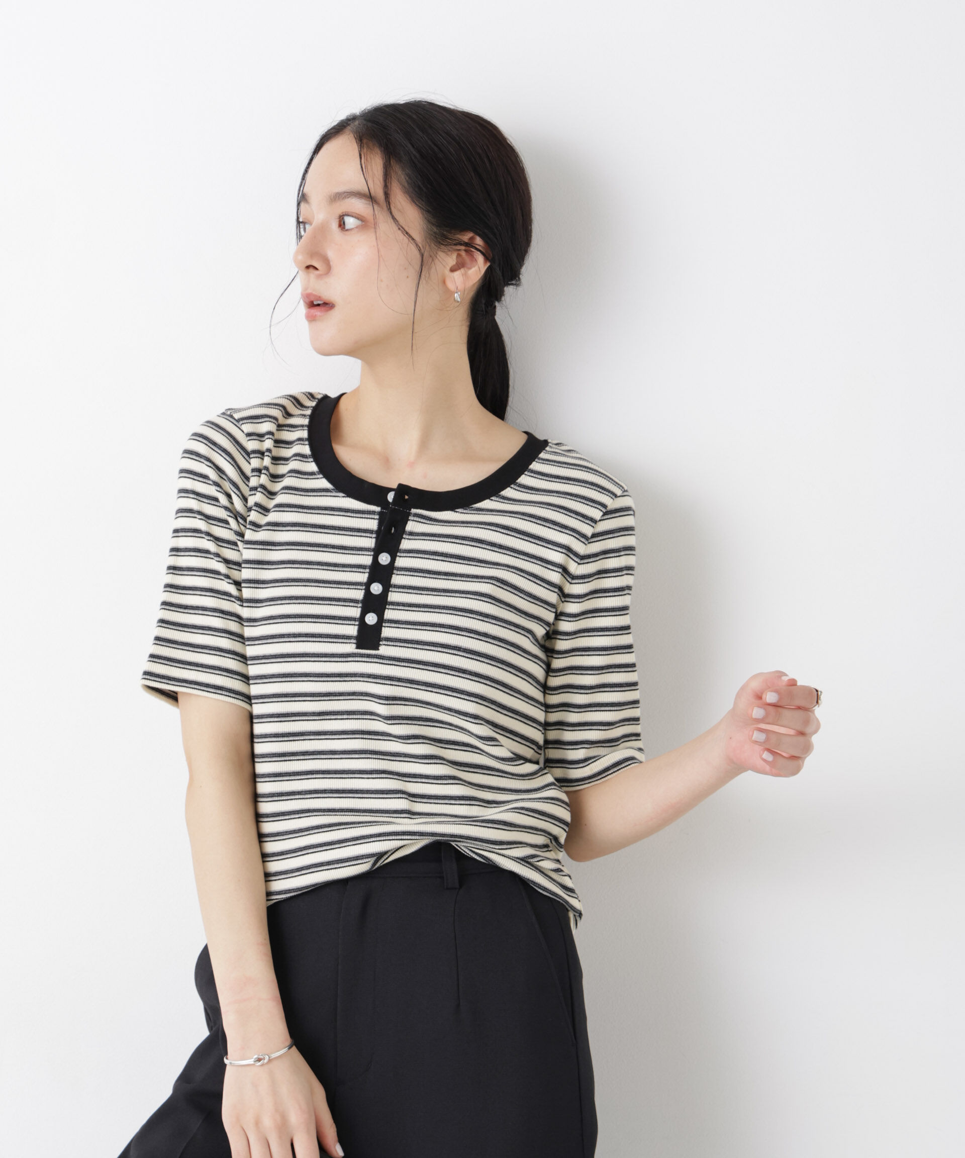 nano･universe「ボーダーテレコヘンリーネックTシャツ」|Tシャツ・カットソー|