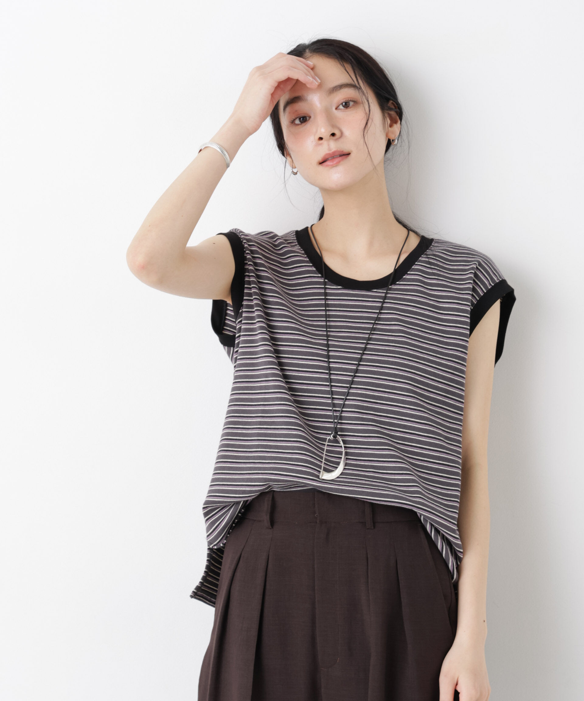 nano･universe「ボーダーテレコワイドノースリーブトップス」|Tシャツ・カットソー|