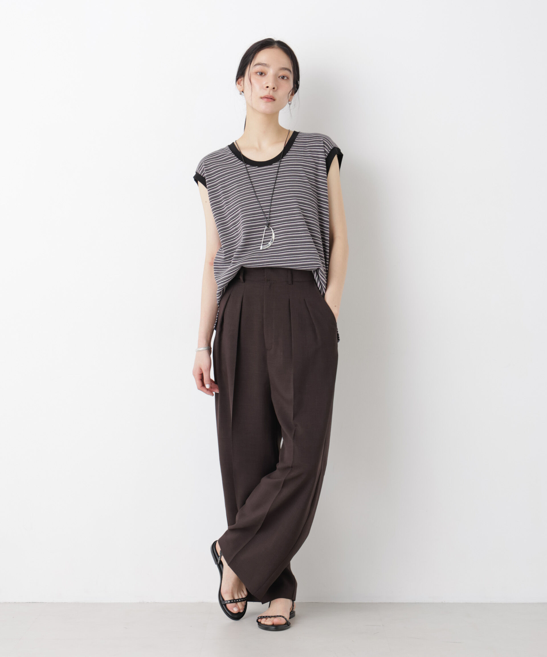 nano･universe「ボーダーテレコワイドノースリーブトップス」|Tシャツ・カットソー|