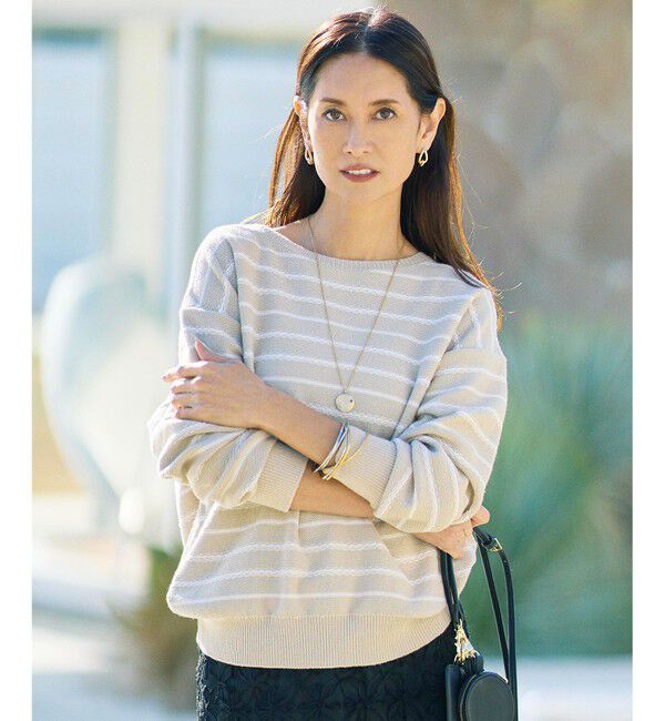 自由区「【ベーシック・着回し抜群】コットンポリミドルゲージボーダー ニット」|ニット・セーター|ベージュ&times;オフ