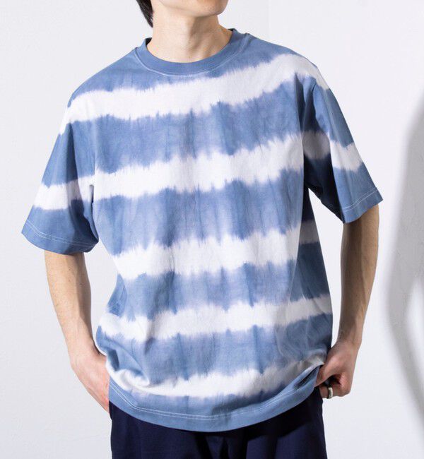 GLOSTER「【GLOSTER/グロスター】16/-綿天竺 タイダイ染め ボーダークルーネックTシャツ」|Tシャツ・カットソー|グレイッシュブルー