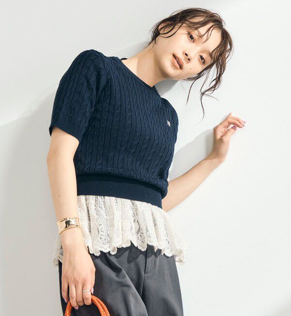 fredy emue「【WEB限定/大人気シリーズ】FR刺しゅうケーブル柄半袖プルオーバーニット」|ニット・セーター|ネイビー