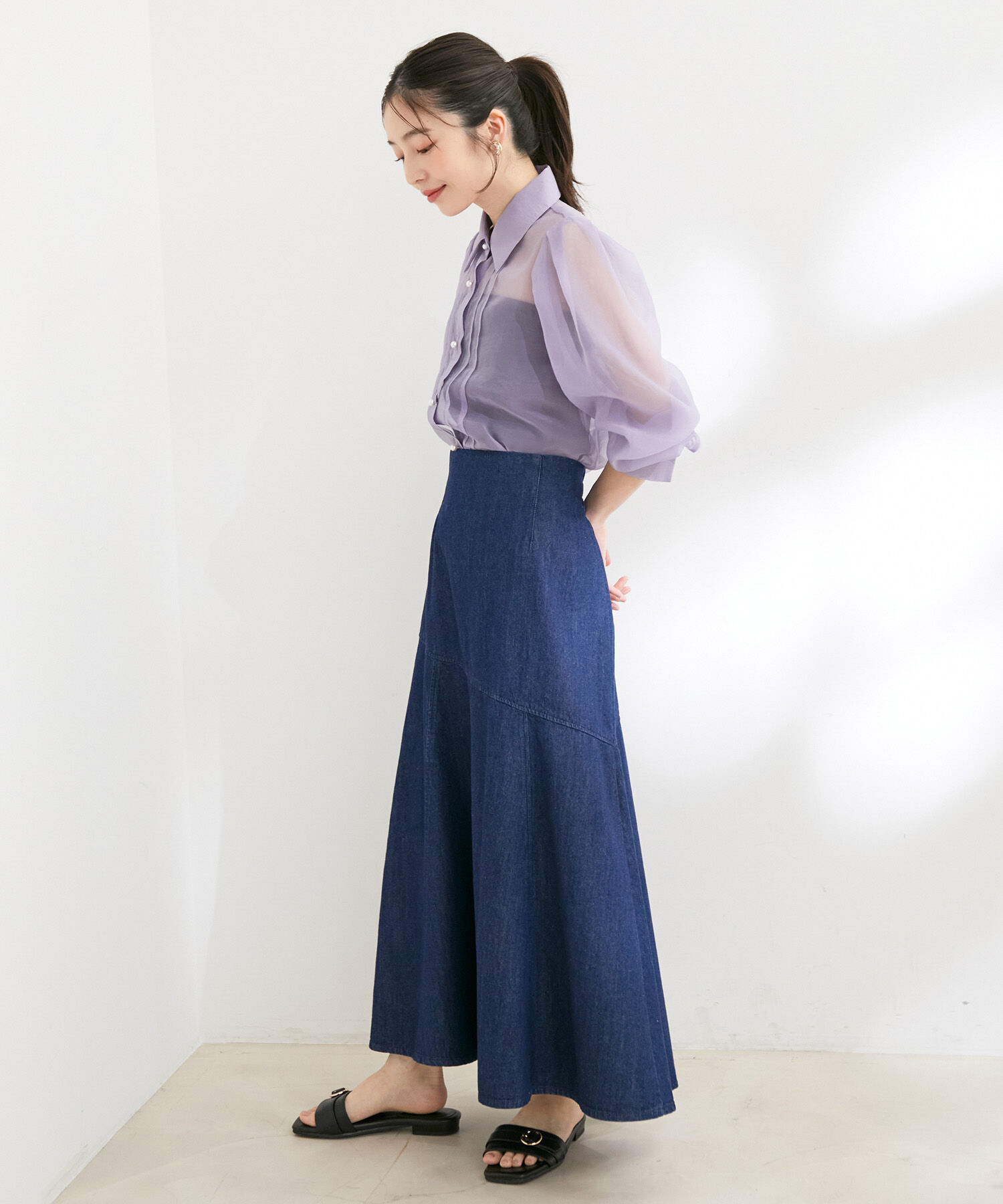 VIS「【洗える】デニム＆ツイルマーメイドフレアスカート」|スカート|