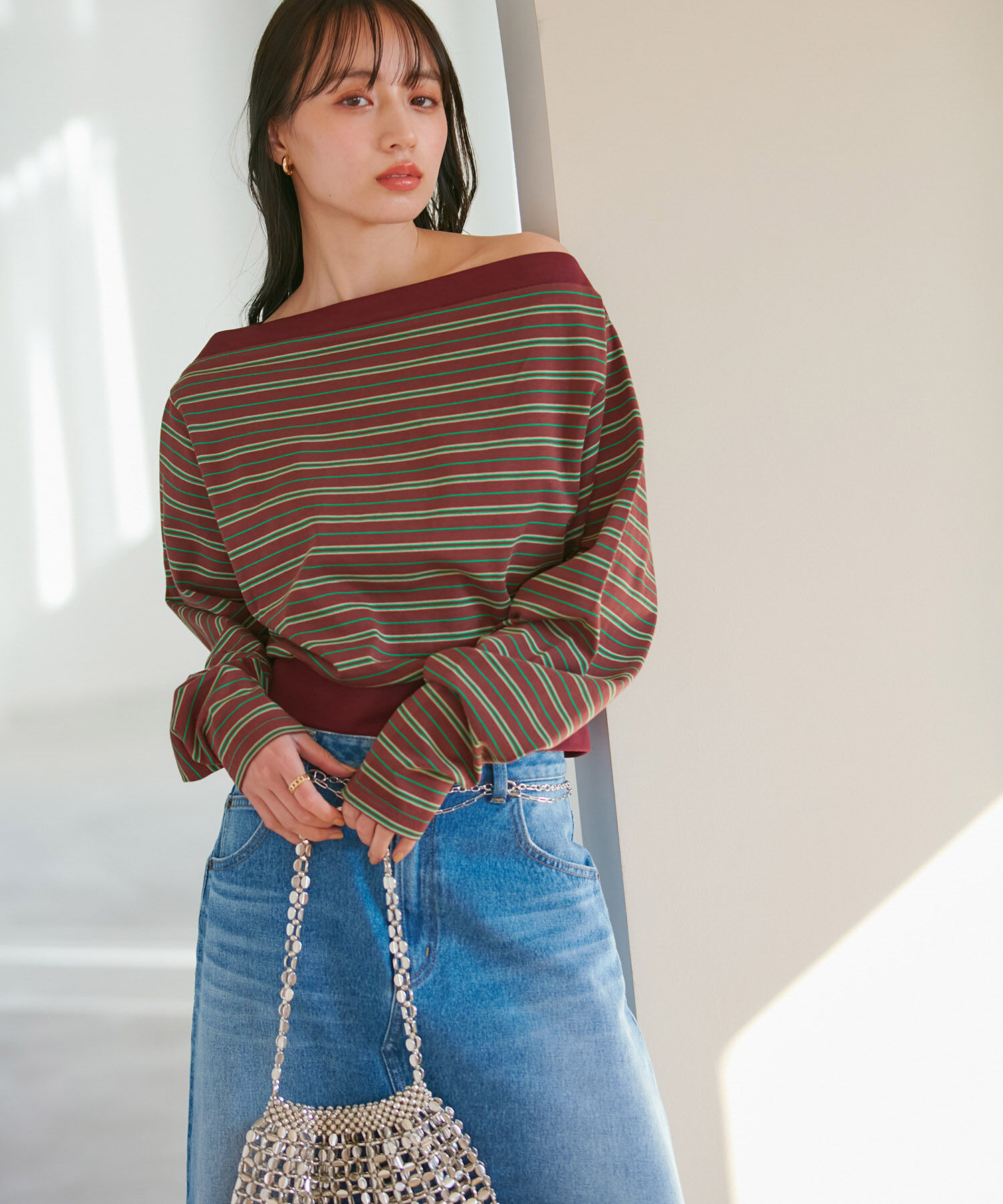 VIS「マルチボーダーオフショルトップス」|Tシャツ・カットソー|