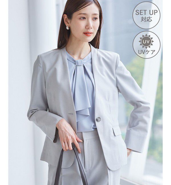 Rope&rsquo;Picnic「リネンライクシリーズ ドライタッチノーラペルジャケット/UVカット」|ノーカラージャケット|グレーサブ(09)