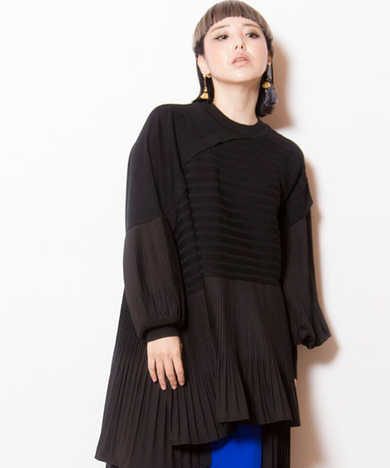  「プリーツ切替ニットプルオーバー」|ニット・セーター|BLACK