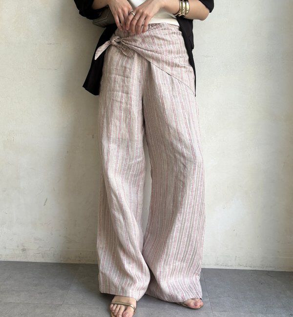  「リネン混ストライプストール付パンツ」|チノ|ベージュ