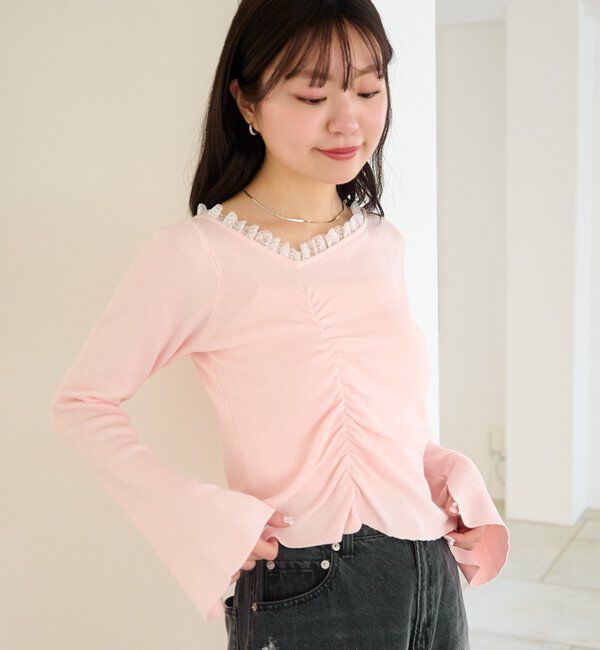  「【4色展開】レースシャーリングニット」|ニット・セーター|