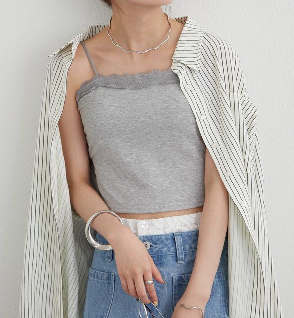  「パット付きフリルレースショートキャミソール」|キャミソール|グレー