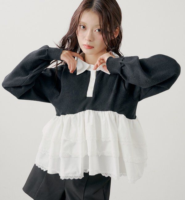  「【SALON by Chico】レースティアードペプラム襟付きニット」|ニット・セーター|