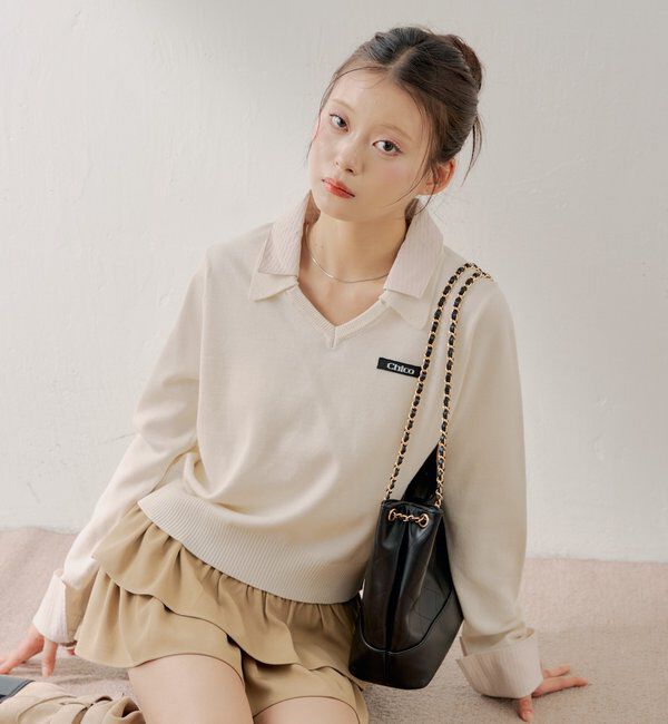  「シャツレイヤードVネックニット」|ニット・セーター|