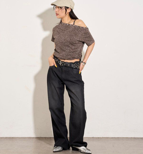  「アソート (カモ柄/ヒョウ柄)/ドット柄)スタッズドロストワンショルTEE」|Tシャツ・カットソー|