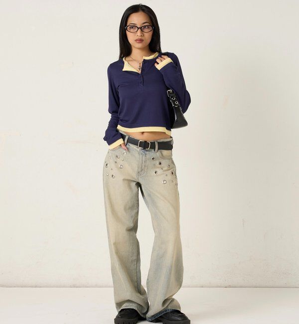  「【WEB限定カラーあり/ドット柄】レイヤードヘンリートップス」|Tシャツ・カットソー|