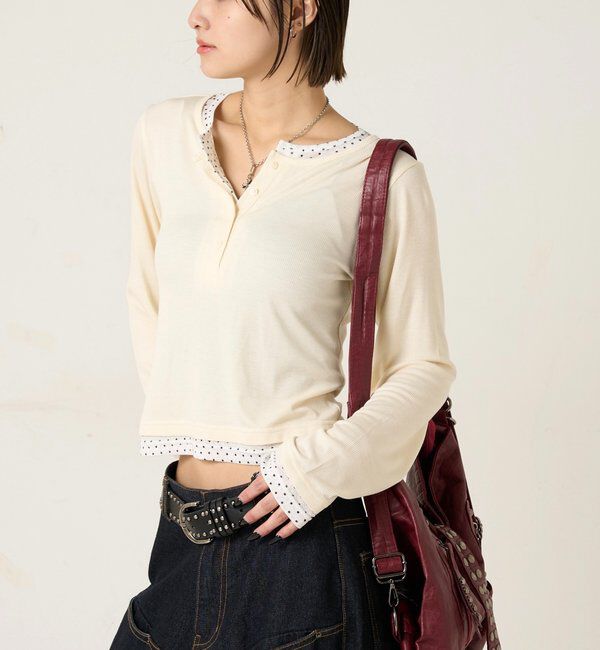  「【WEB限定カラーあり/ドット柄】レイヤードヘンリートップス」|Tシャツ・カットソー|