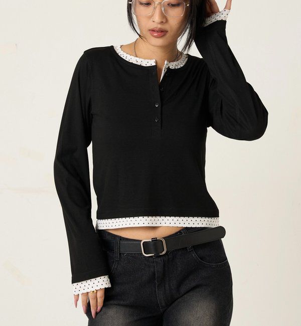  「【WEB限定カラーあり/ドット柄】レイヤードヘンリートップス」|Tシャツ・カットソー|