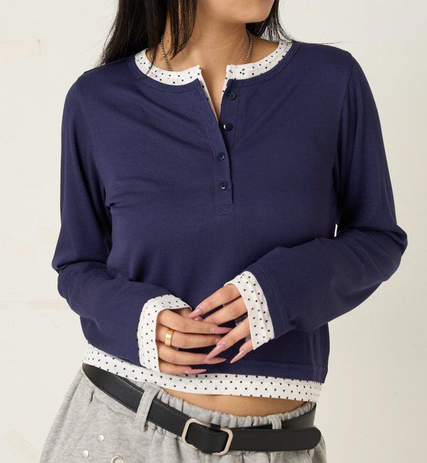  「【WEB限定カラーあり/ドット柄】レイヤードヘンリートップス」|Tシャツ・カットソー|