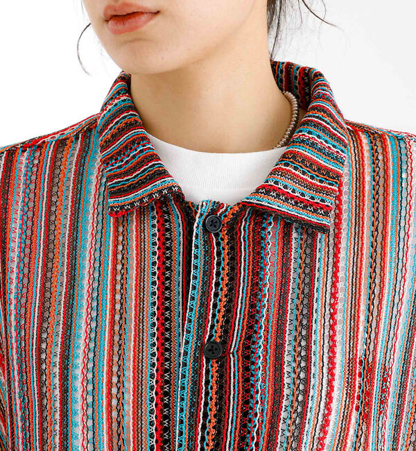 ABAHOUSE「【Revo./レボ】透かし編みニットオープンカラーストライプ半端袖シャツ」|シャツ・ブラウス|