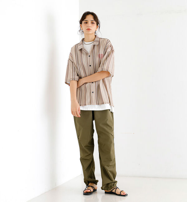 ABAHOUSE「【Revo./レボ】透かし編みニットオープンカラーストライプ半端袖シャツ」|シャツ・ブラウス|