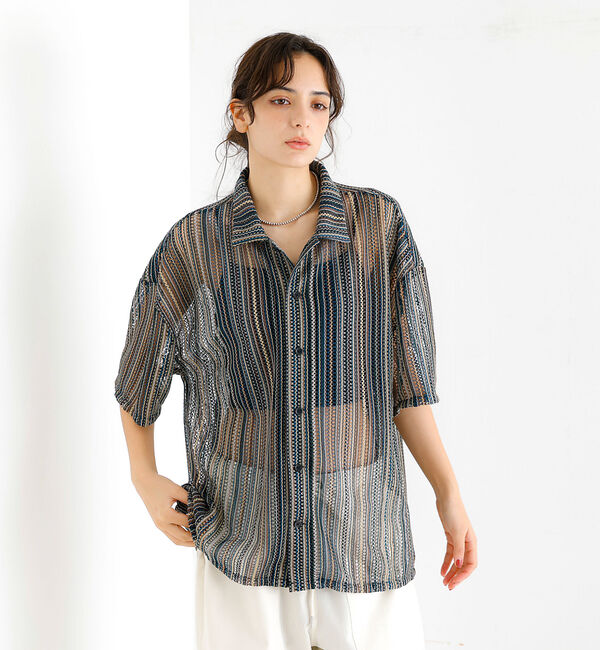 ABAHOUSE「【Revo./レボ】透かし編みニットオープンカラーストライプ半端袖シャツ」|シャツ・ブラウス|