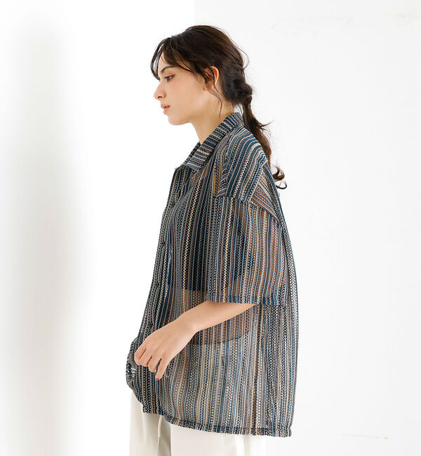 ABAHOUSE「【Revo./レボ】透かし編みニットオープンカラーストライプ半端袖シャツ」|シャツ・ブラウス|