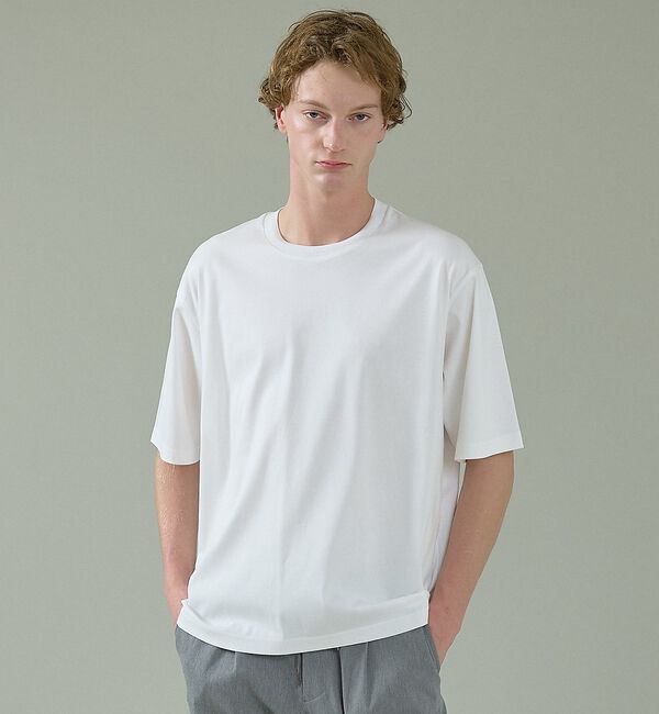 ABAHOUSE「KNIT COLLAR コットンポンチ クルーネック半袖Tシャツ / リラックス」|Tシャツ・カットソー|ホワイト