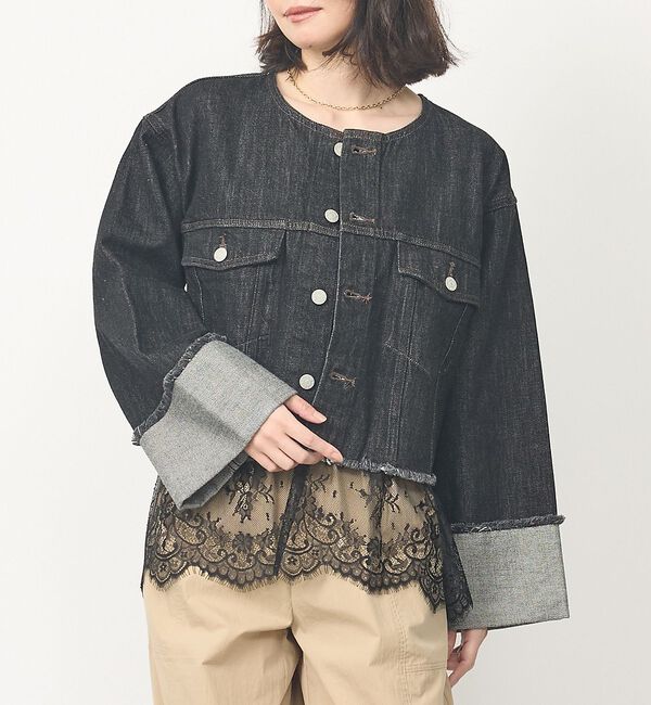 abahouse mavie「【EDWIN】ロールアップデニムジャケット/春服/Gジャン/ノーカラー/ショート」|その他|ブラック